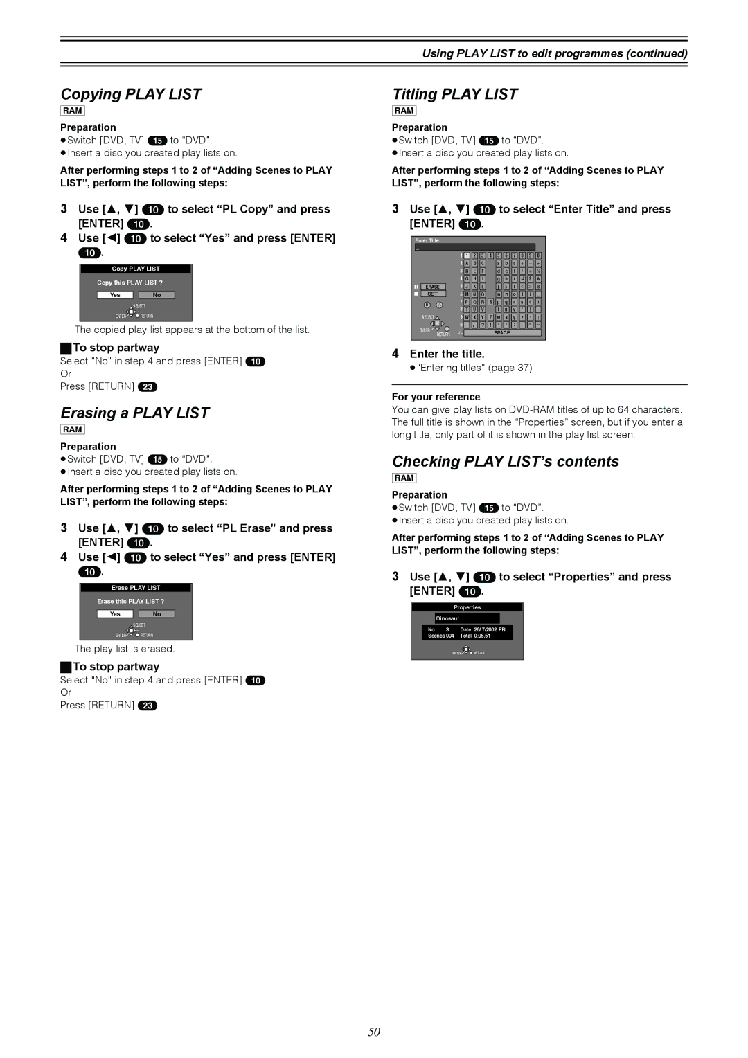 Samsung DVD-R4000EU manual Copying Play List, Erasing a Play List, Titling Play List, Checking Play LIST’s contents 