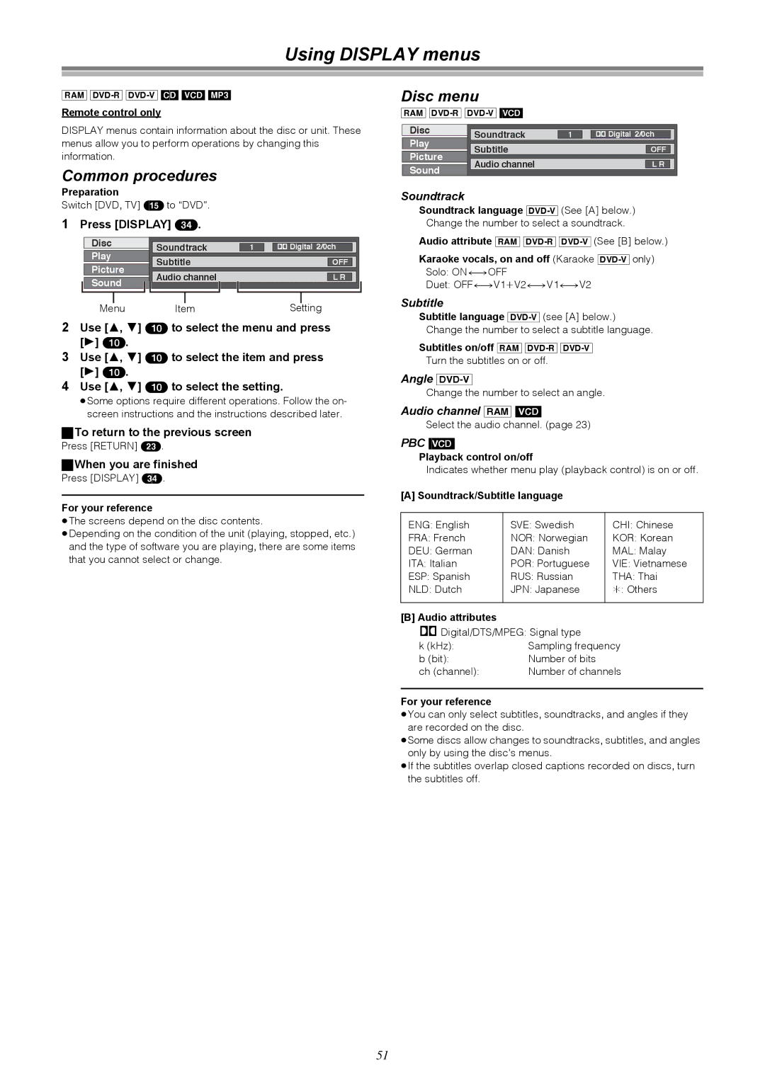 Samsung DVD-R4000EU manual Using Display menus, Common procedures, Disc menu 