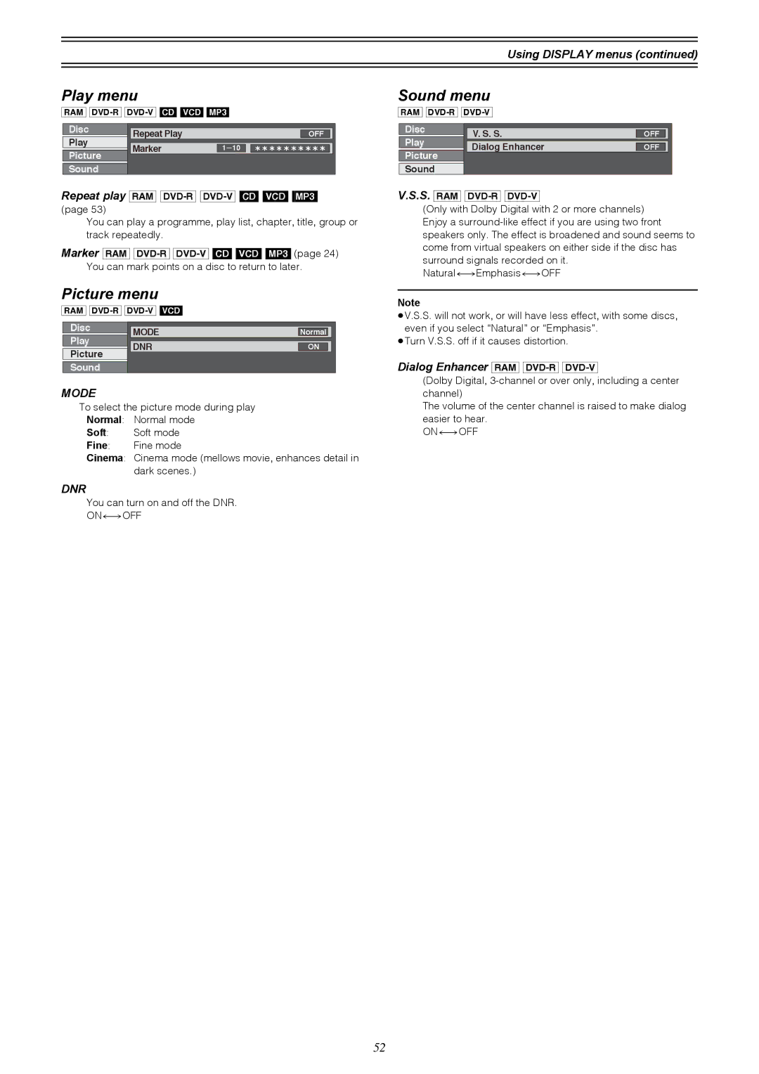 Samsung DVD-R4000EU manual Play menu, Picture menu, Sound menu, Using Display menus 