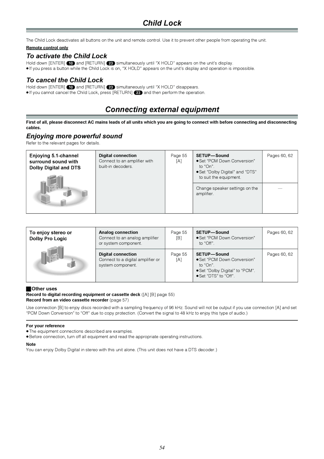 Samsung DVD-R4000EU manual Connecting external equipment, To activate the Child Lock, To cancel the Child Lock 