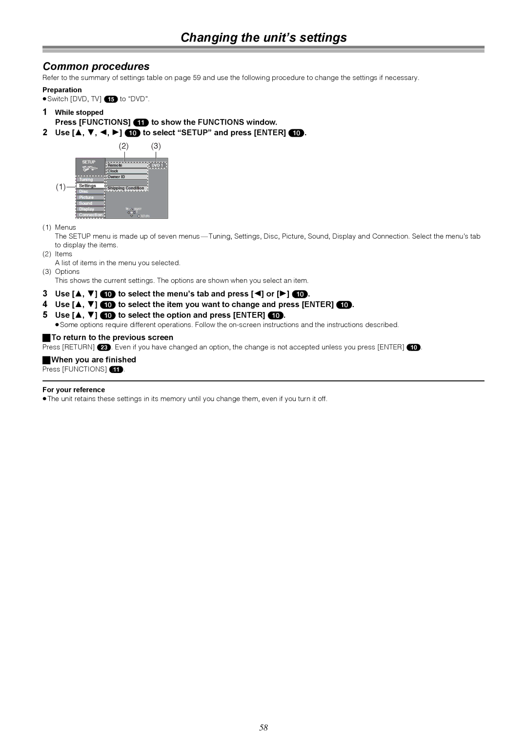 Samsung DVD-R4000EU manual Changing the unit’s settings, ≥Switch DVD, TV 15 to DVD, Press Functions 