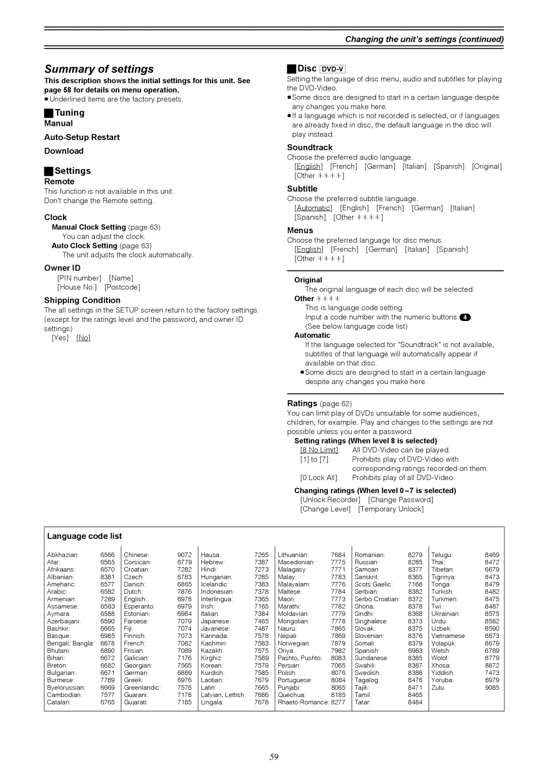 Samsung DVD-R4000EU manual Summary of settings, Tuning, Settings, Changing the unit’s settings 