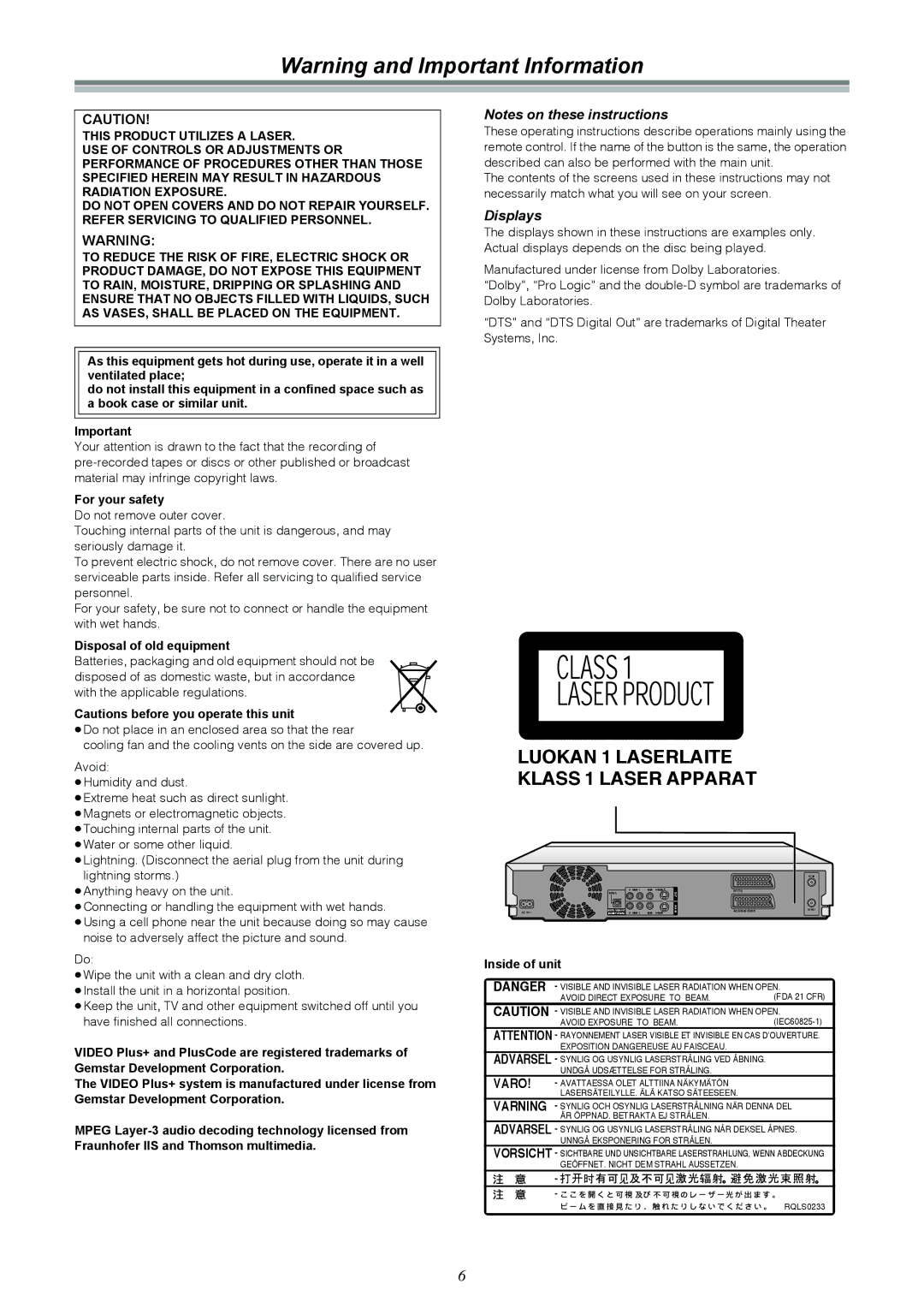 Samsung DVD-R4000EU manual Displays, For your safety, Disposal of old equipment, Inside of unit 