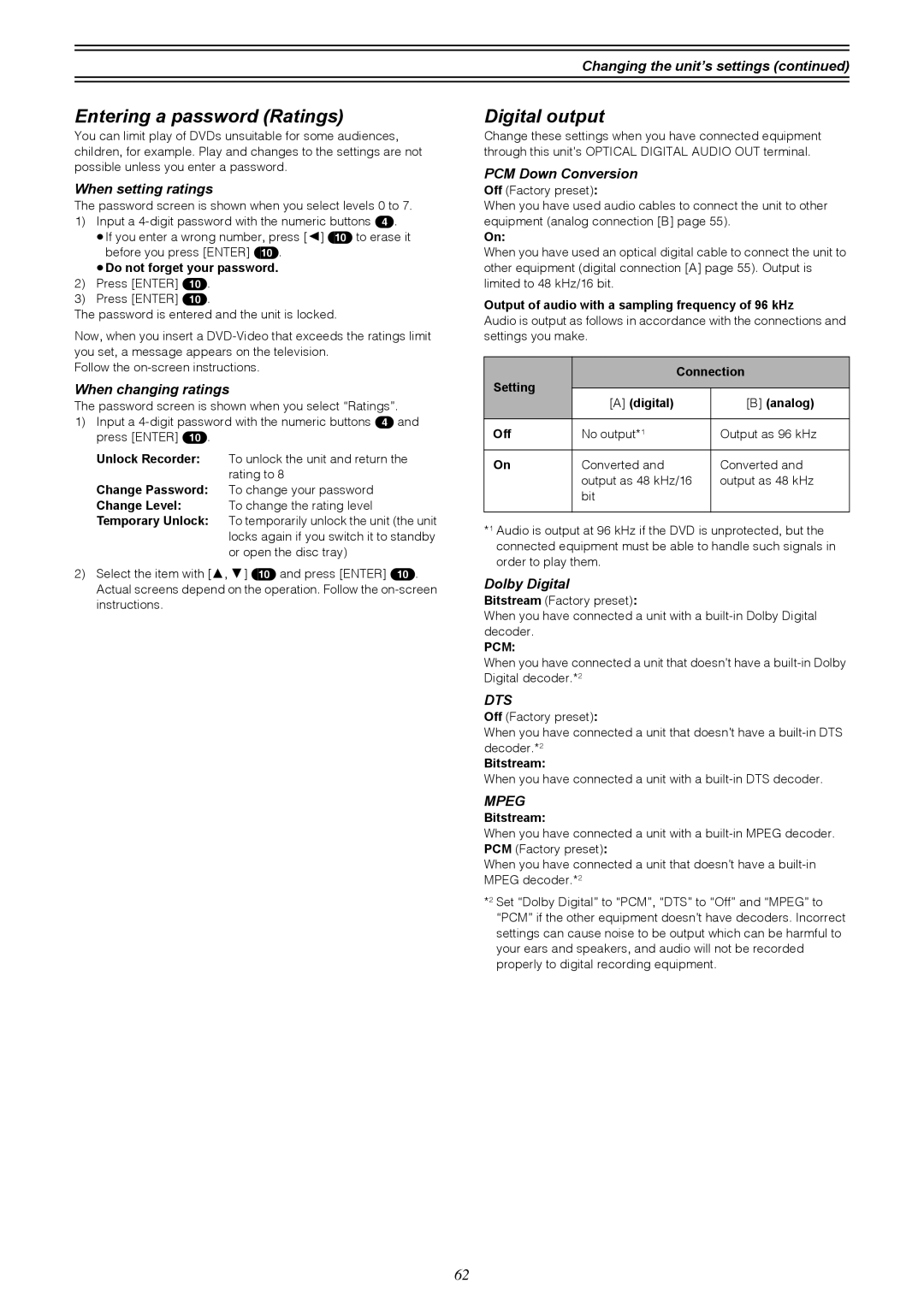 Samsung DVD-R4000EU manual Entering a password Ratings, Digital output 