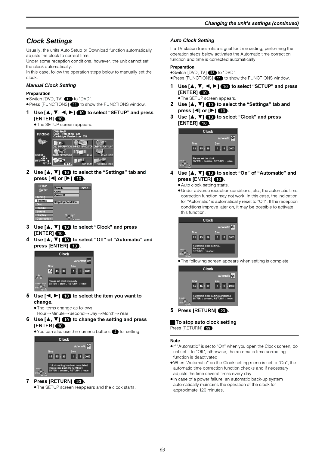 Samsung DVD-R4000EU manual Clock Settings, Manual Clock Setting, Changing the unit’s settings Auto Clock Setting 