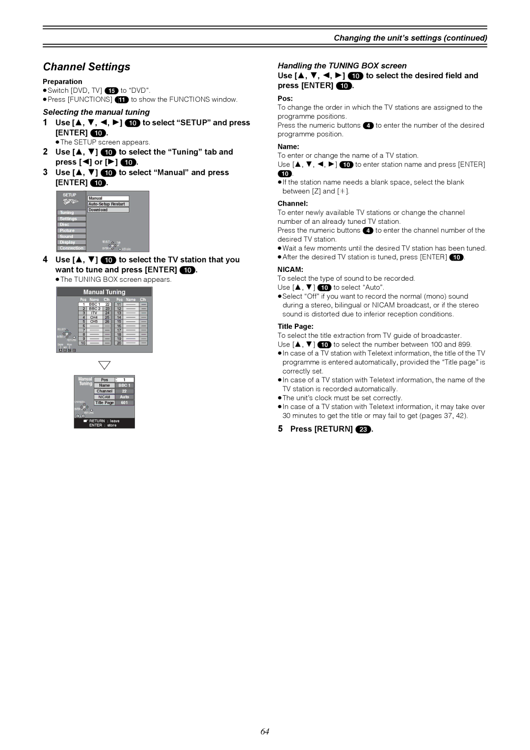 Samsung DVD-R4000EU Channel Settings, Selecting the manual tuning, Handling the Tuning BOX screen, Nicam 