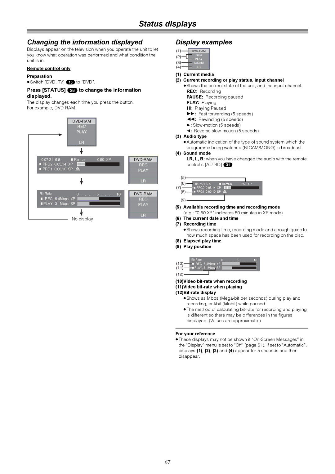 Samsung DVD-R4000EU manual Status displays, Changing the information displayed, Display examples 