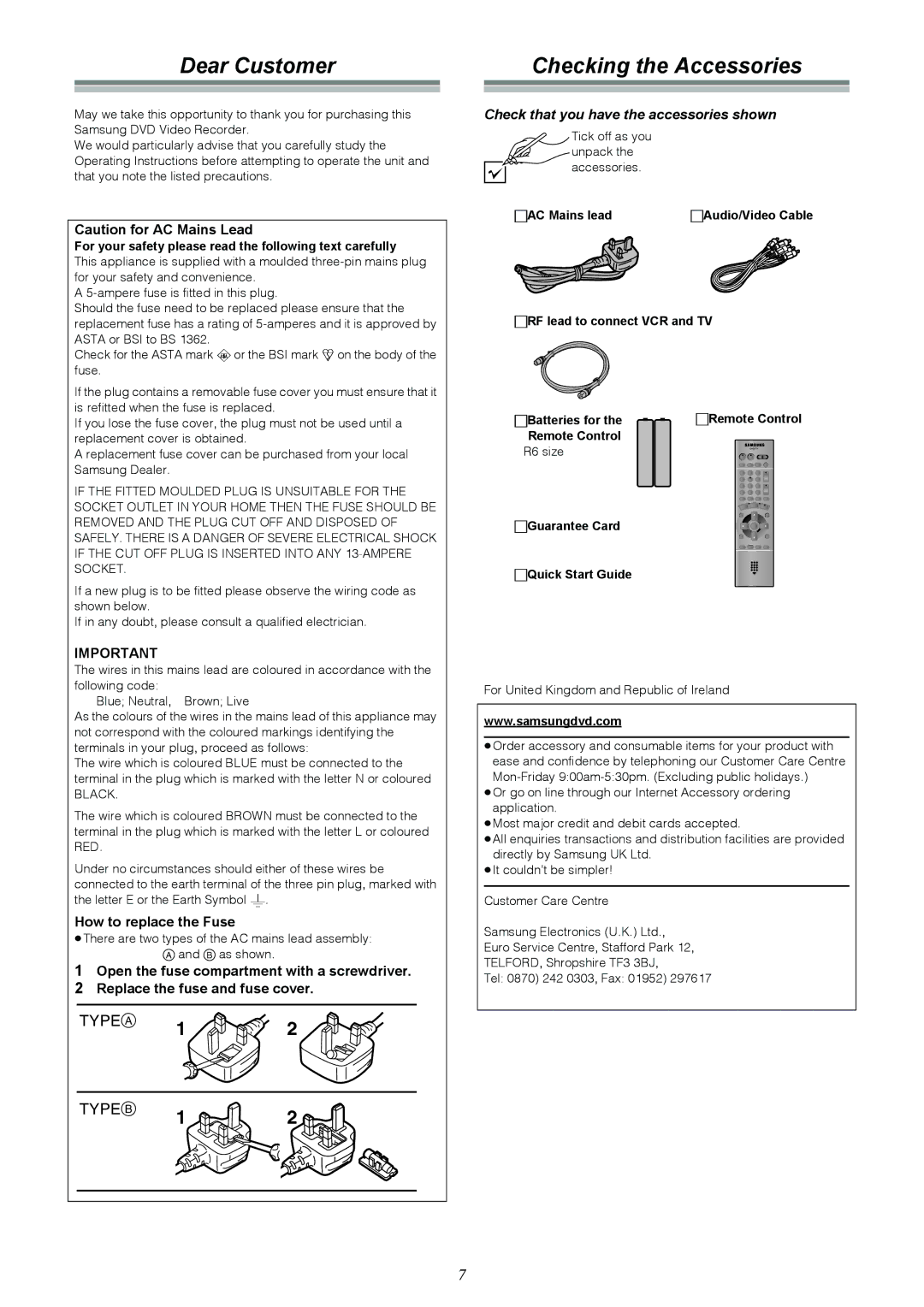 Samsung DVD-R4000EU manual Dear Customer, Checking the Accessories, How to replace the Fuse 