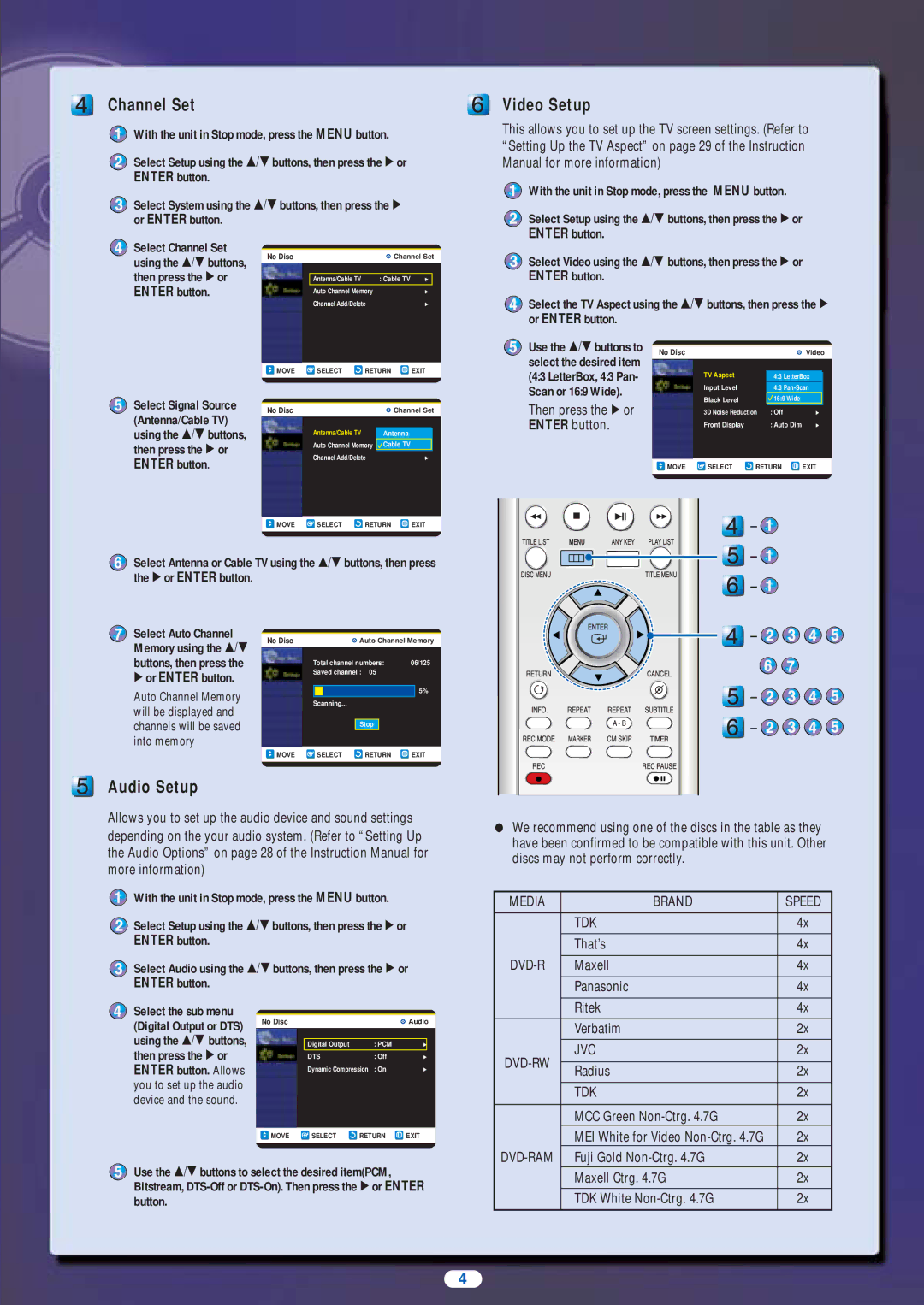 Samsung DVD Recorder setup guide Channel Set, Video Setup, Audio Setup, Then press the √ or 