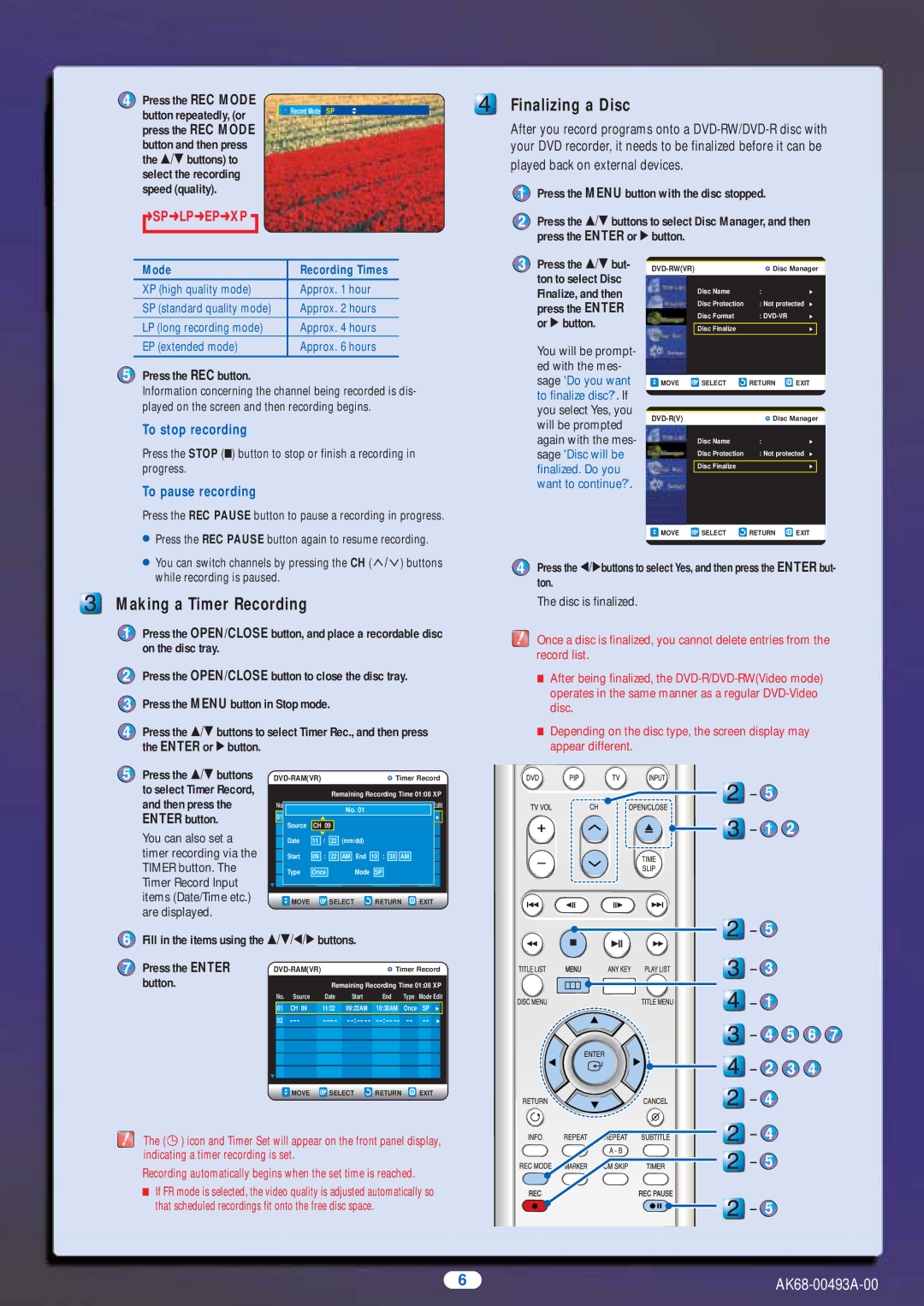 Samsung DVD Recorder setup guide Finalizing a Disc, Making a Timer Recording 