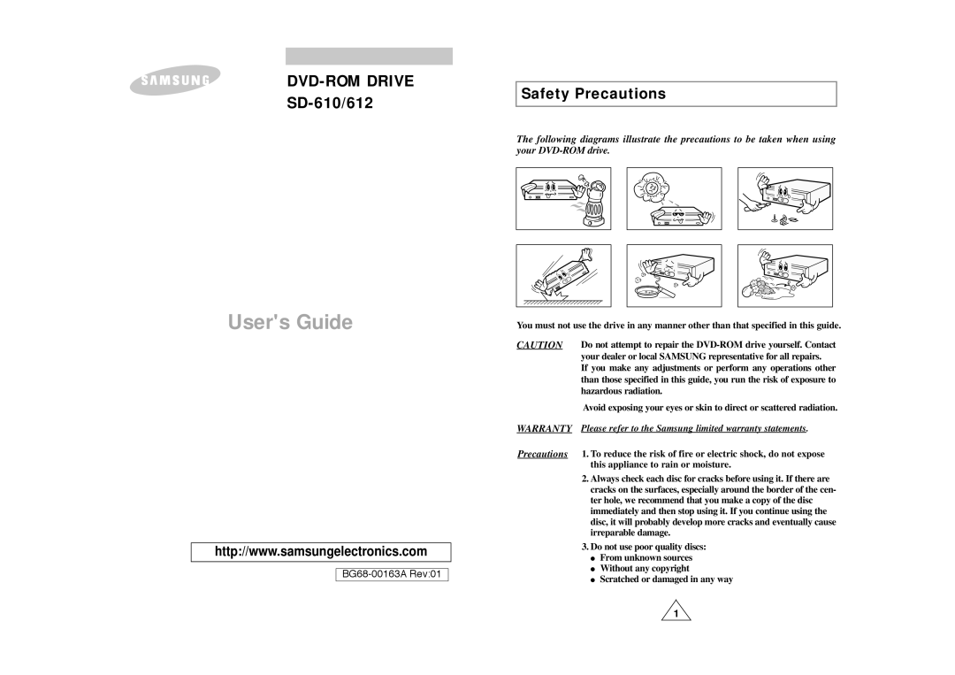 Samsung DVD-ROM drive warranty Users Guide, Safety Precautions 