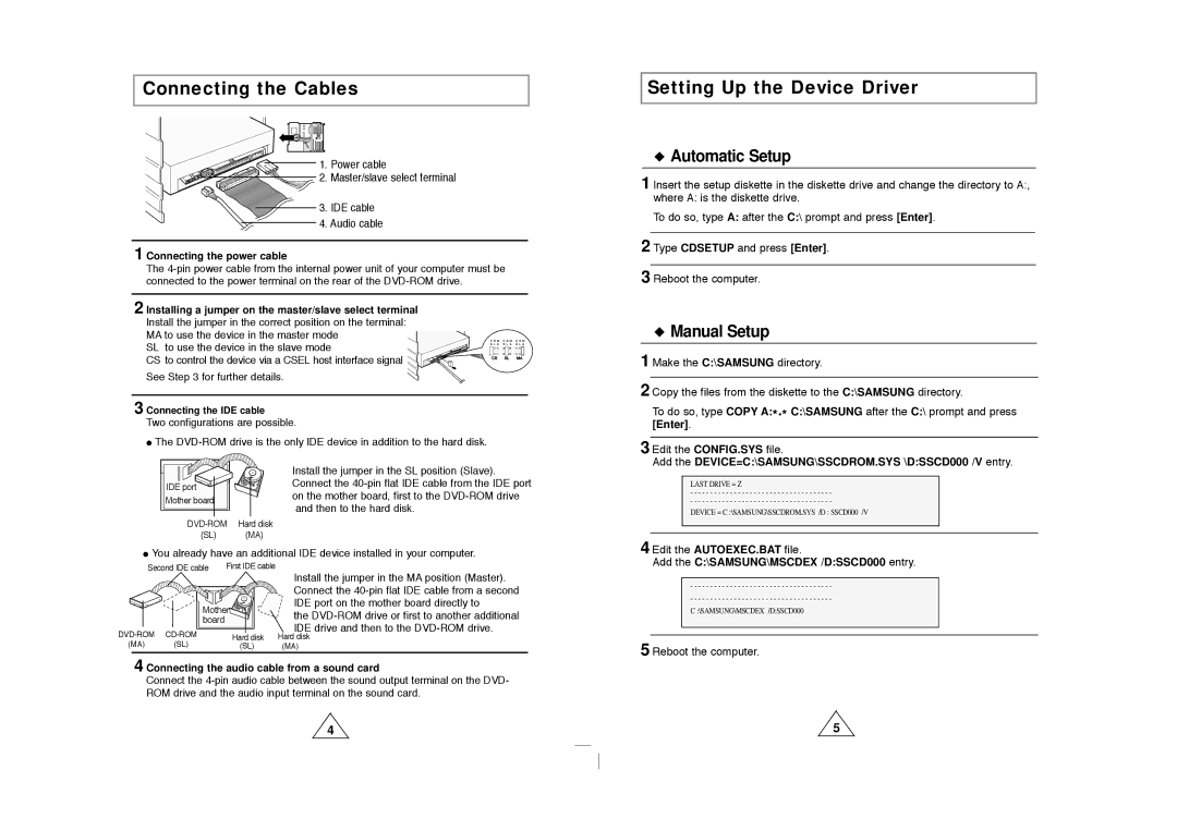 Samsung DVD-ROM drive Connecting the Cables, Setting Up the Device Driver, Add the C\SAMSUNG\MSCDEX /DSSCD000 entry 