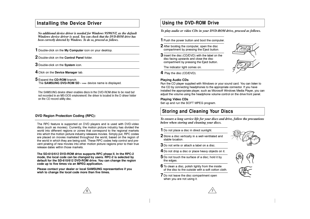 Samsung DVD-ROM drive warranty Playing Audio CDs, Playing Video CDs 