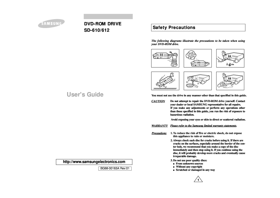 Samsung DVD-ROM drive warranty Safety Precautions, Users Guide, DVD-ROM DRIVE SD-610/612, BG68-00163A Rev01 