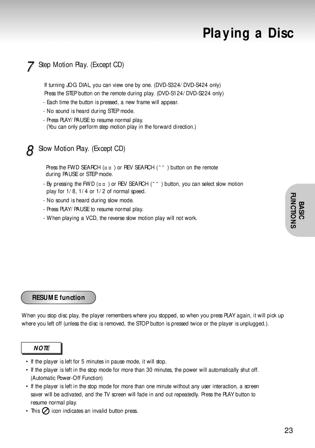 Samsung DVD-S124 manual Step Motion Play. Except CD, Slow Motion Play. Except CD 