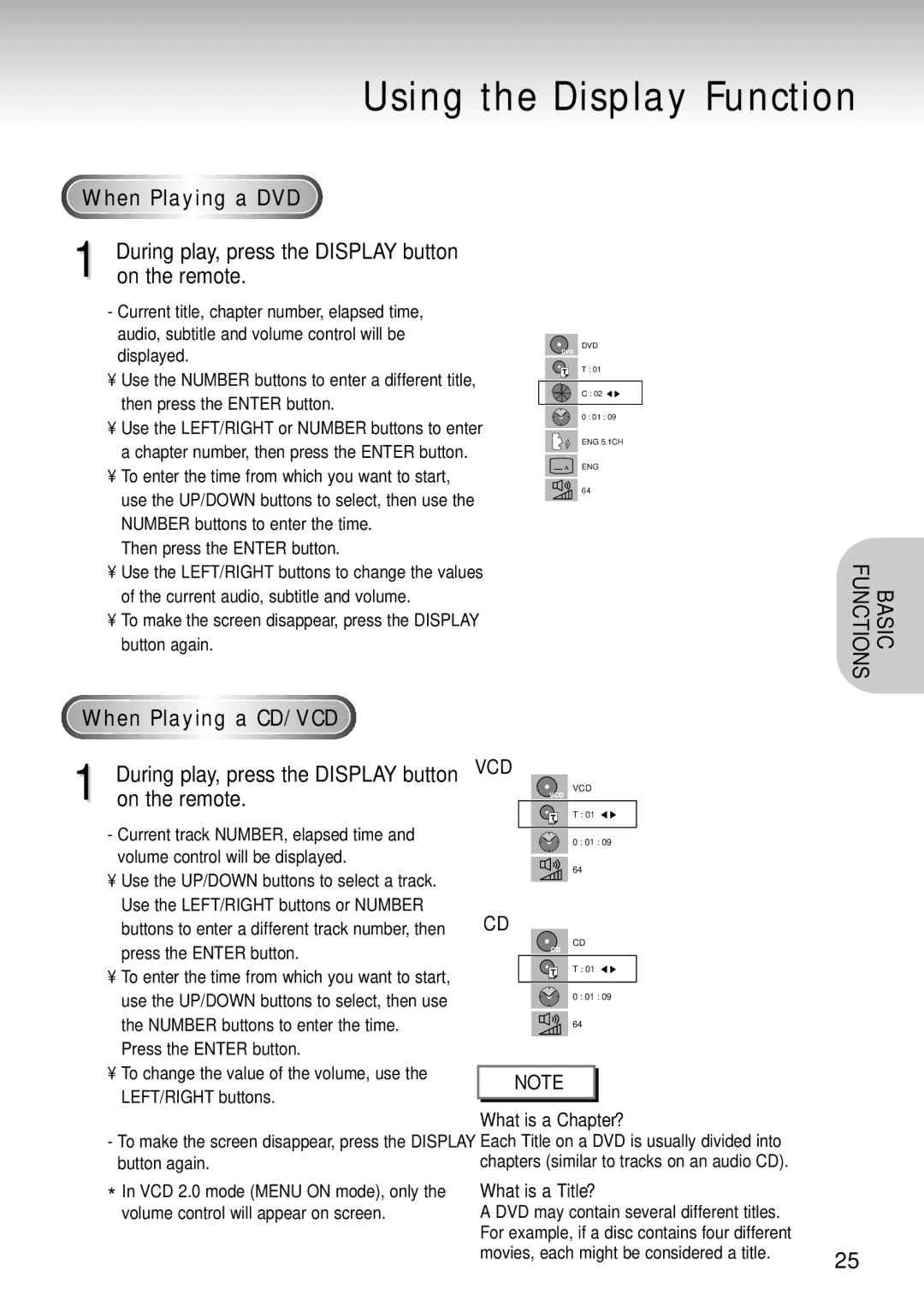 Samsung DVD-S124 manual Using the Display Function, When Playing a DVD, During play, press the Display button on the remote 