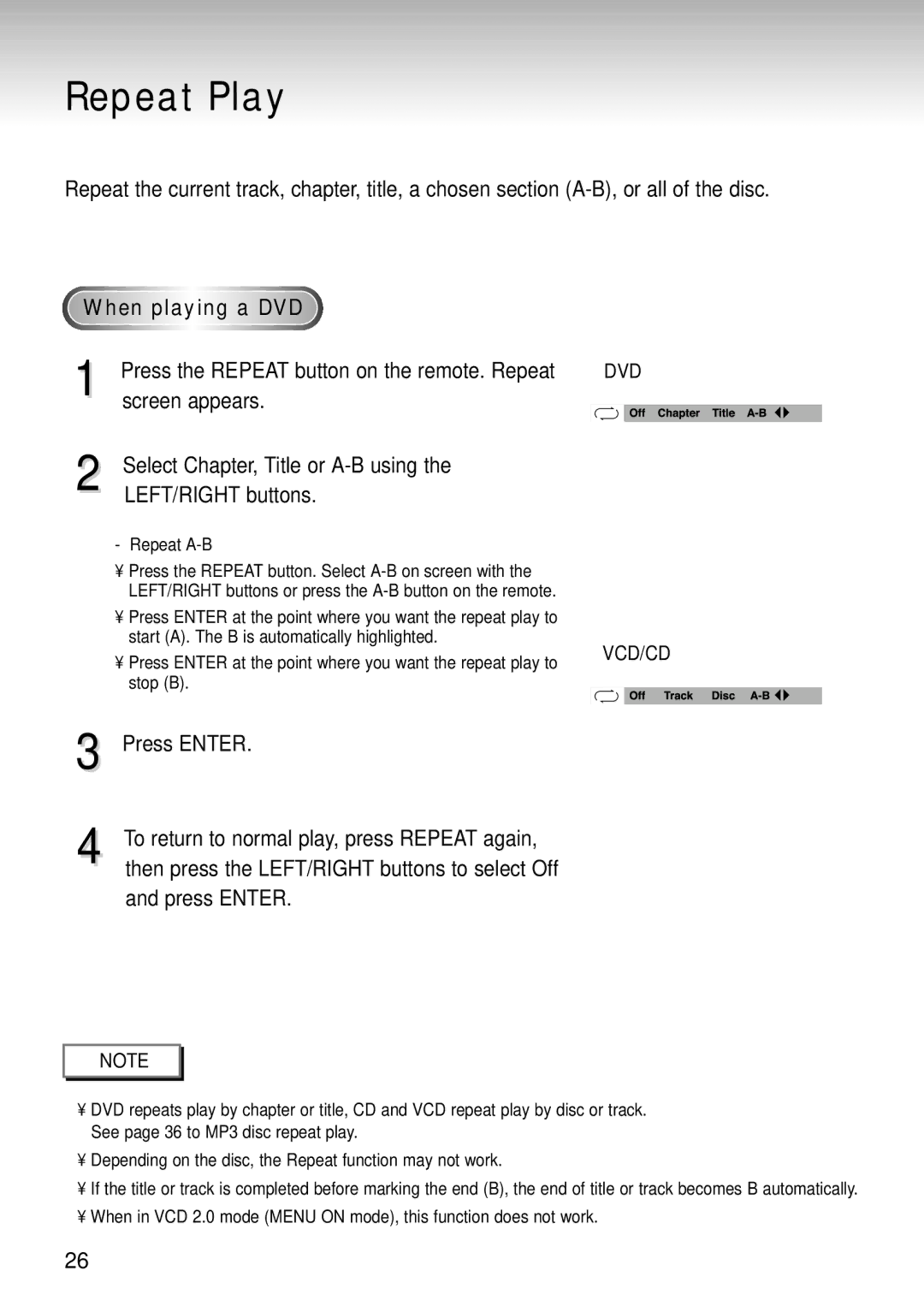 Samsung DVD-S124 manual Repeat Play, Screen appears, Select Chapter, Title or A-B using, LEFT/RIGHT buttons 