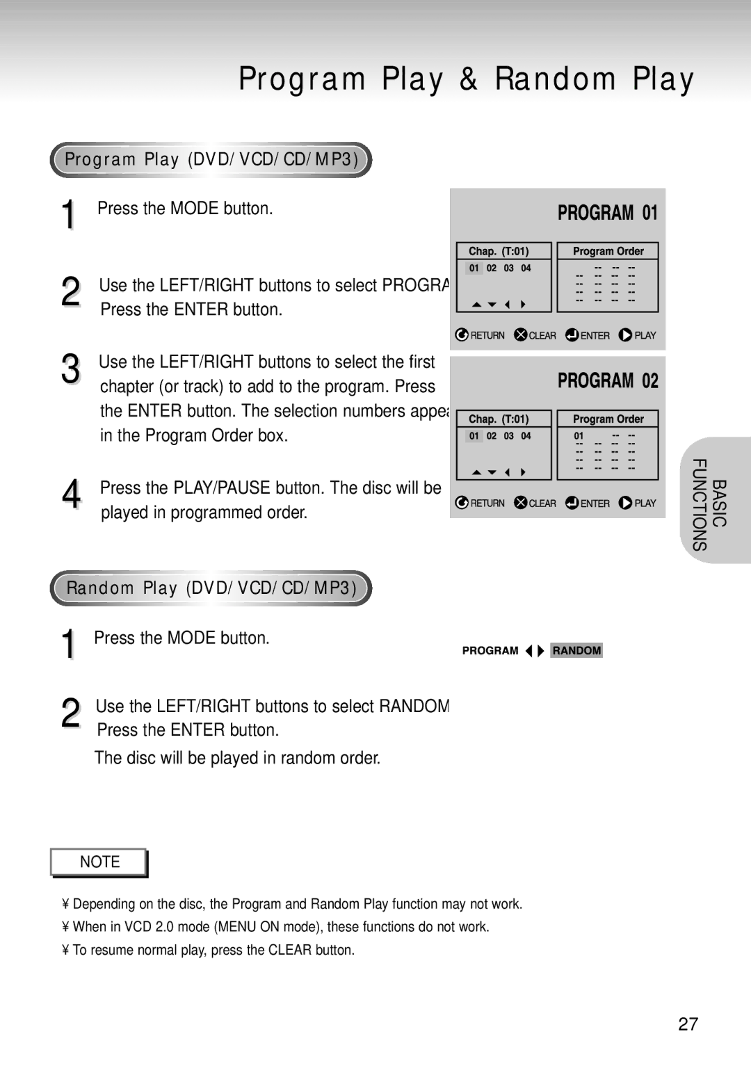 Samsung DVD-S124 manual Program Play & Random Play, Program Play DVD/VCD/CD/MP3, Random Play DVD/VCD/CD/MP3 