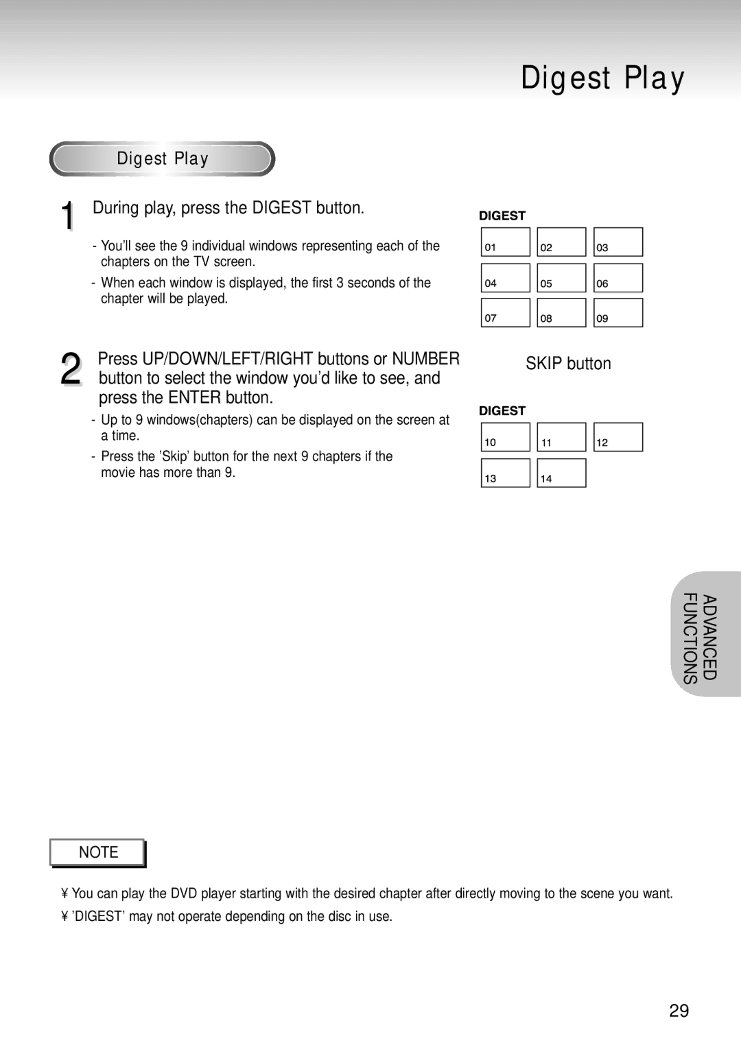 Samsung DVD-S124 manual Digest Play, Diges t Play, During play, press the Digest button, Skip button 