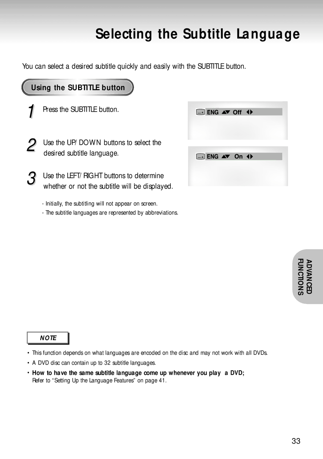 Samsung DVD-S124 manual Selecting the Subtitle Language, Using the Subtitle button 