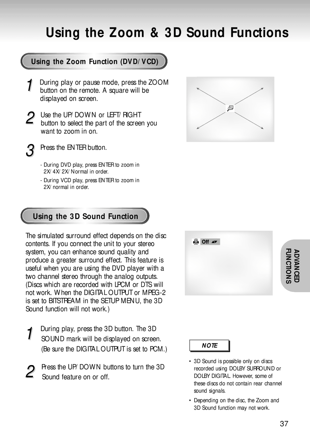 Samsung DVD-S124 manual Using the Zoom & 3D Sound Functions, Using the Zoom Function DVD/VCD, Sound feature on or off 