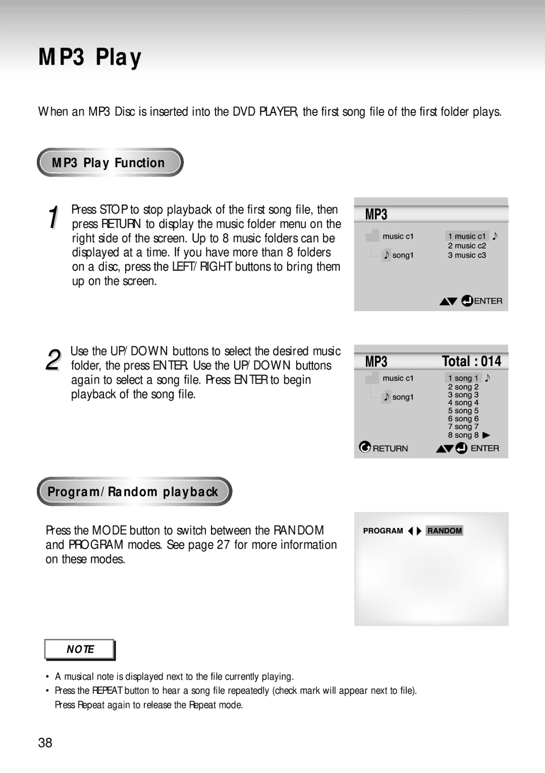 Samsung DVD-S124 manual MP3 Play Function, Program/Random playback 