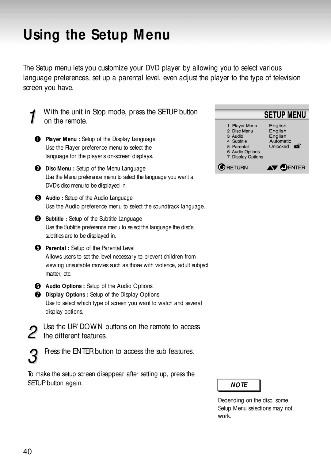 Samsung DVD-S124 manual Using the Setup Menu 