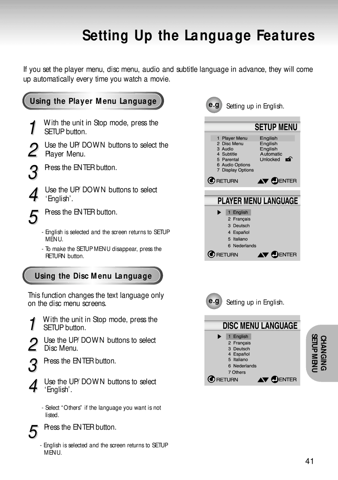 Samsung DVD-S124 manual Setting Up the Language Features, Using th e Play e r Menu Languag e, On the disc menu screens 