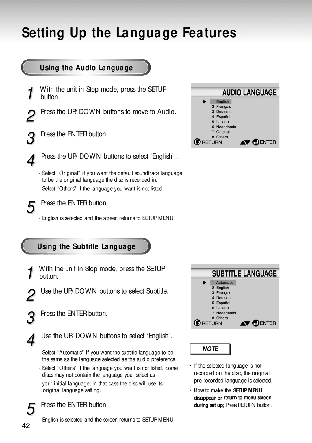 Samsung DVD-S124 manual Using the Audio Language, Using the Subtitle Language 