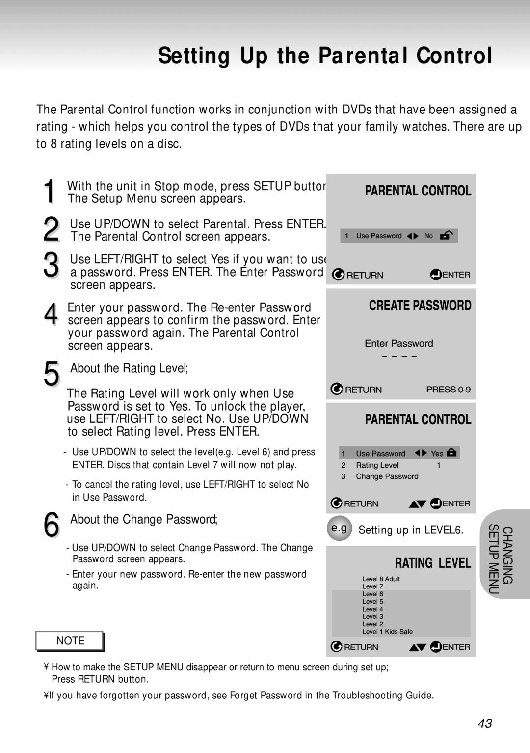 Samsung DVD-S124 manual Setting Up the Parental Control, About the Change Password 