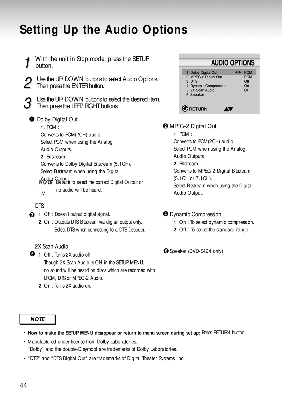 Samsung DVD-S124 manual Setting Up the Audio Options, With the unit in Stop mode, press the Setup button, 2X Scan Audio 