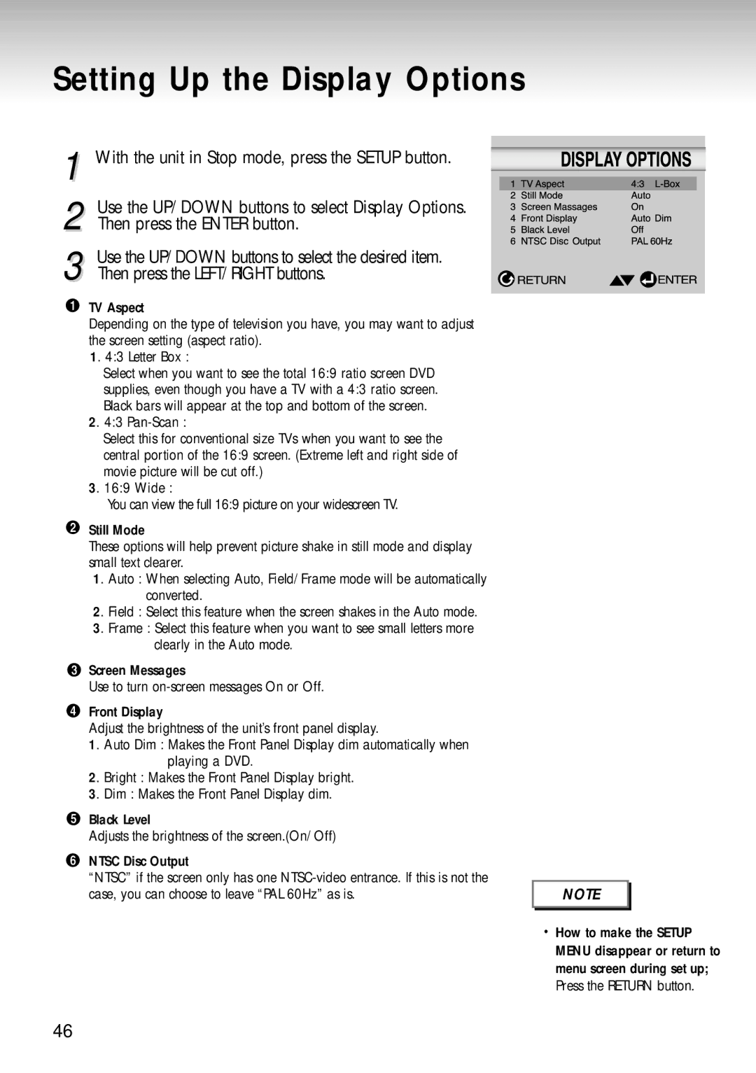 Samsung DVD-S124 manual Setting Up the Display Options, Then press the Enter button, Then press the LEFT/RIGHT buttons 