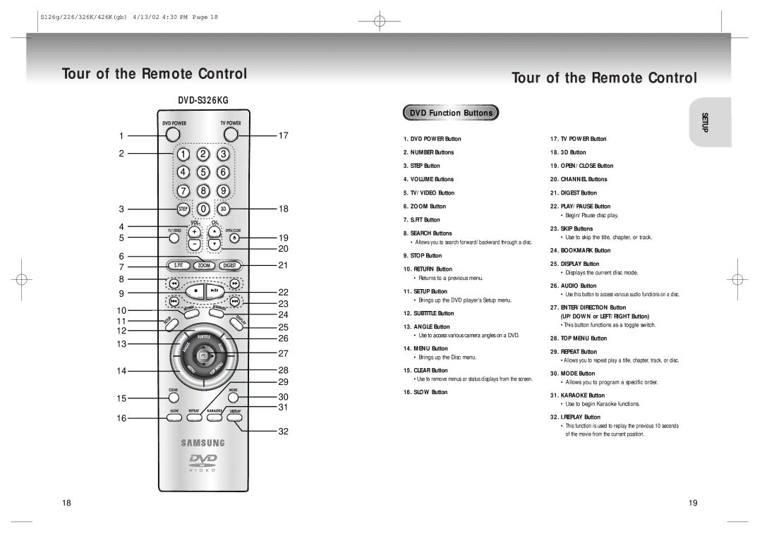 Samsung DVD-S126/SAM manual Stop Button Return Button, Subtitle Button Angle Button, Bookmark Button Display Button 