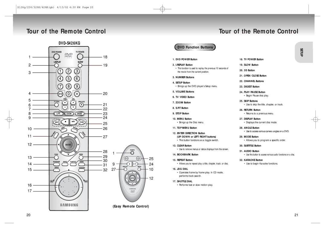 Samsung DVD-S126/SAM Easy Remote Control DVD Function Buttons, DVD Power Button Replay Button, Number Buttons Setup Button 