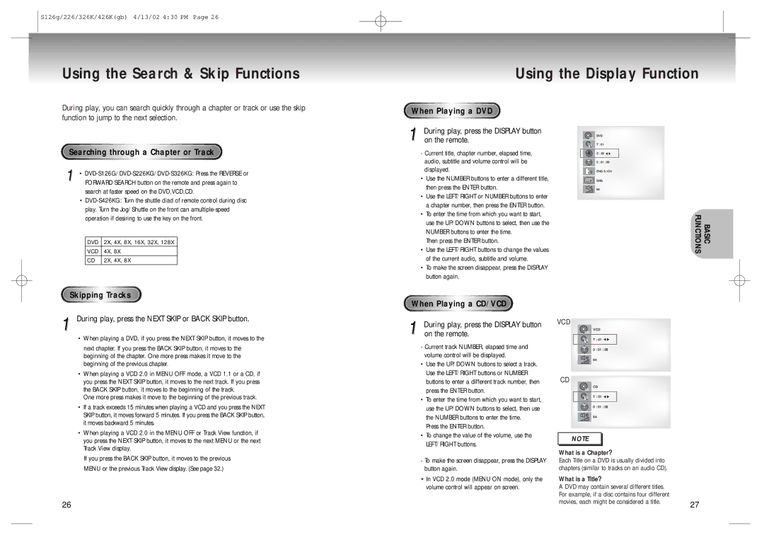 Samsung DVD-S126/SAM manual Searching through a Chapter or Track, Skipping Tracks When Playing a DVD, On the remote 