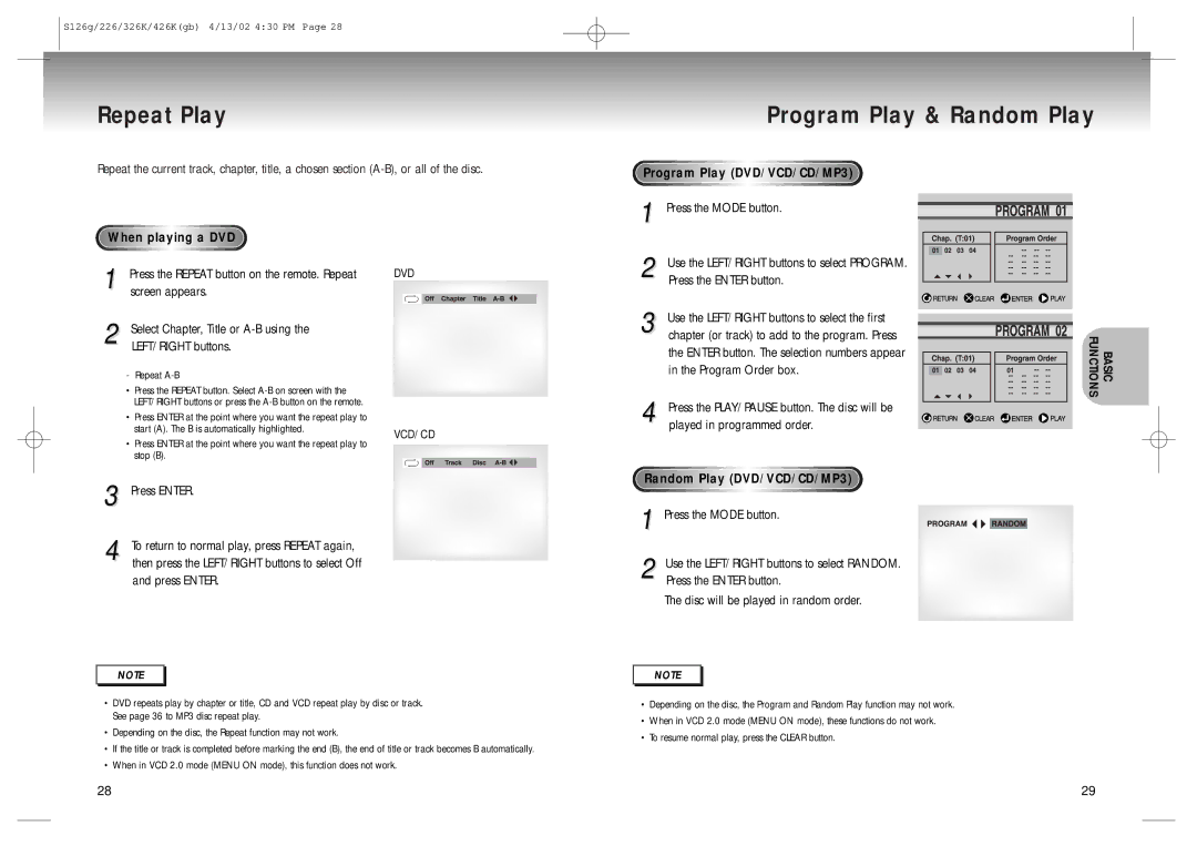 Samsung DVD-S126/SAM Repeat Play, Program Play & Random Play, Program Play DVD/VCD/CD/MP3, Random Play DVD/VCD/CD/MP3 