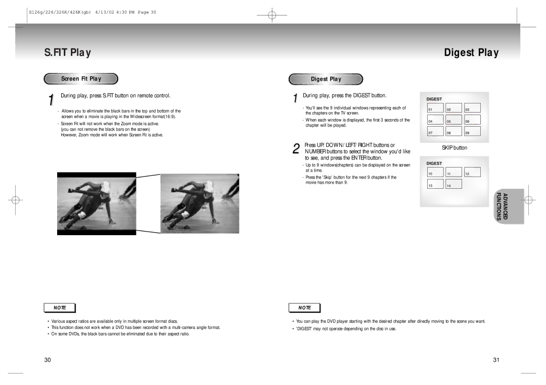 Samsung DVD-S126/SAM manual FIT Play Digest Play, Screen Fit Play, Diges t Play 