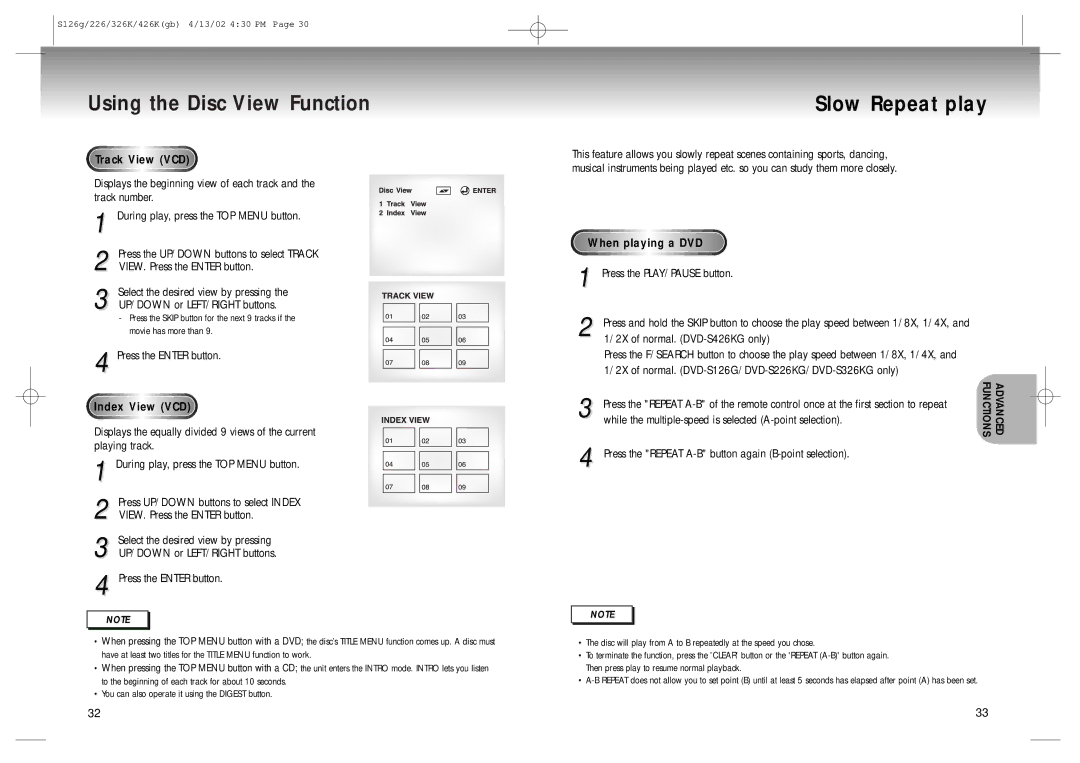 Samsung DVD-S126/SAM manual Using the Disc View Function, Slow Repeat play, Track View VCD, Index View VCD 