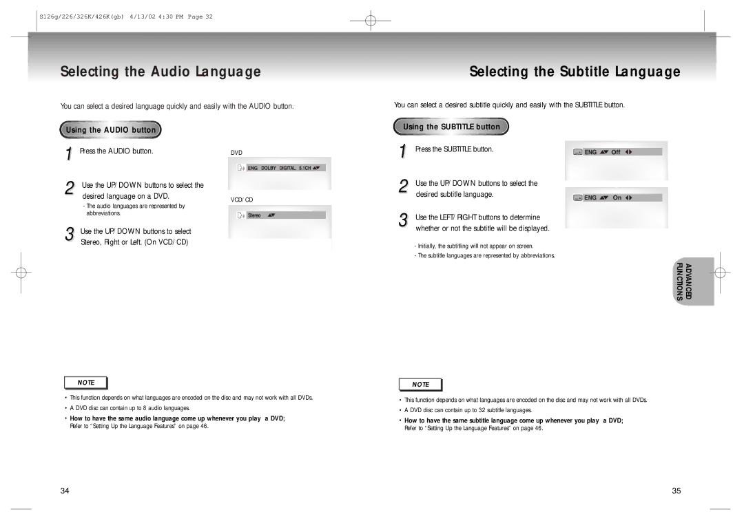 Samsung DVD-S126/SAM manual Press the Audio button, Use the UP/DOWN buttons to select Desired language on a DVD 