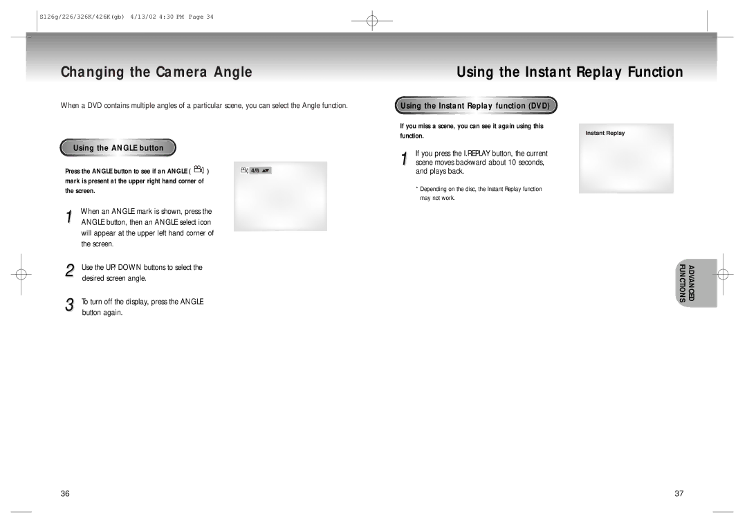 Samsung DVD-S126/SAM manual Changing the Camera Angle, Using the Instant Replay Function, Using the Angle button 