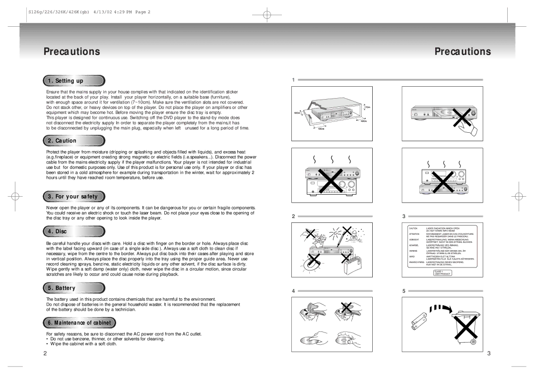 Samsung DVD-S126/SAM manual Precautions, Setting up, Or y ou r sa f e t y, Disc, Battery 