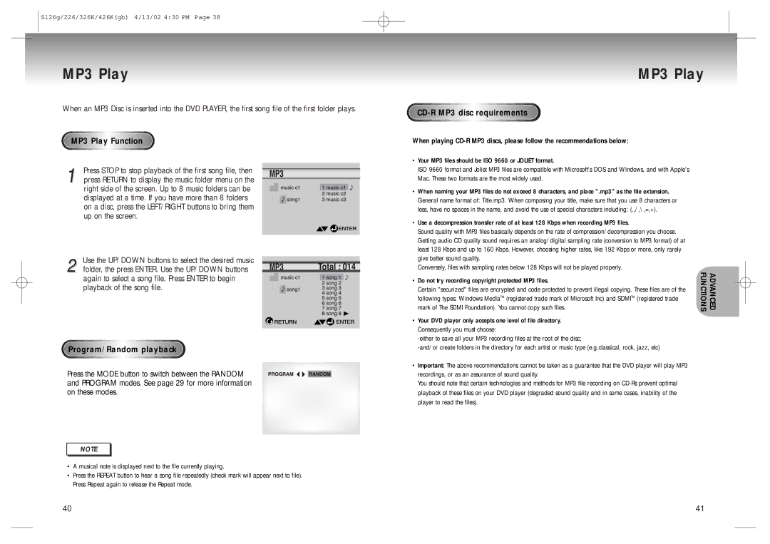 Samsung DVD-S126/SAM manual MP3 Play Function, Program/Random playback, CD-R MP3 disc requirements 