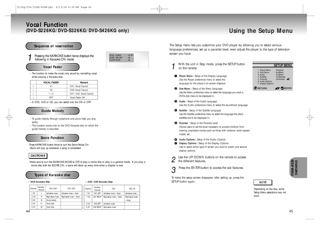 Samsung DVD-S126/SAM manual Vocal Function, Using the Setup Menu 