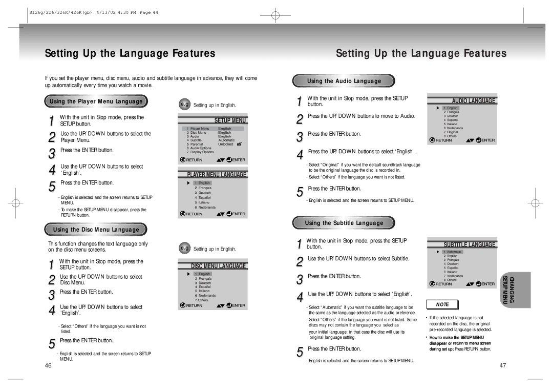 Samsung DVD-S126/SAM manual Setting Up the Language Features, Using th e Play e r Menu Languag e, Using the Audio Language 