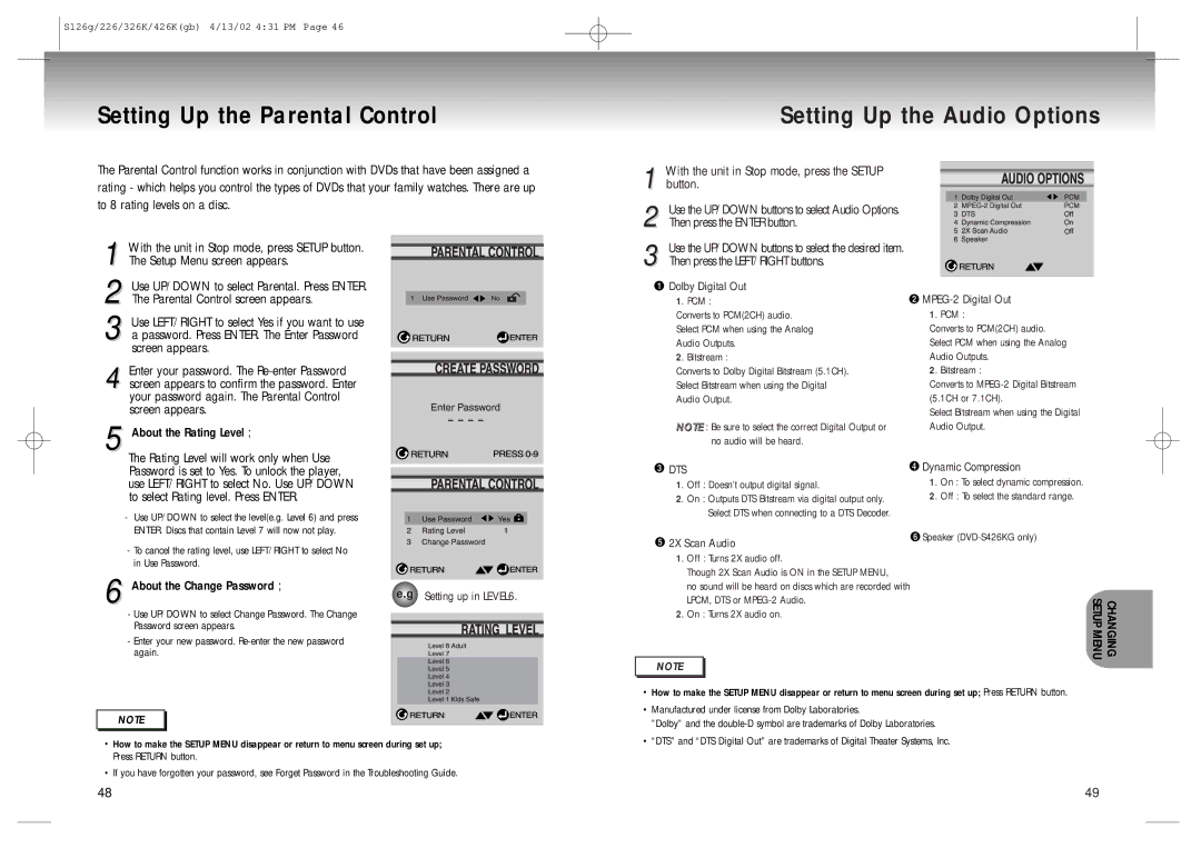 Samsung DVD-S126/SAM manual Then press the Enter button, Then press the LEFT/RIGHT buttons, About the Change Password 