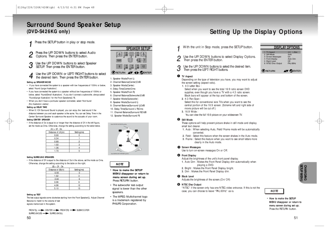 Samsung DVD-S126/SAM manual Surround Sound Speaker Setup, Setting Up the Display Options 