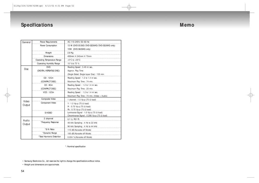 Samsung DVD-S126/SAM manual Specifications Memo, General, Audio 