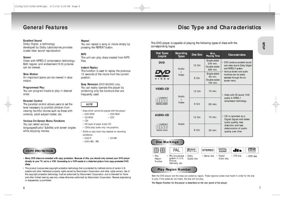 Samsung DVD-S126/SAM manual General Features, Excellent Sound Dolby Digital, a technology, Corresponding logos 