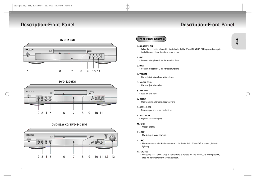 Samsung DVD-S126/SAM manual Description-Front Panel, Front P a ne l Control s 