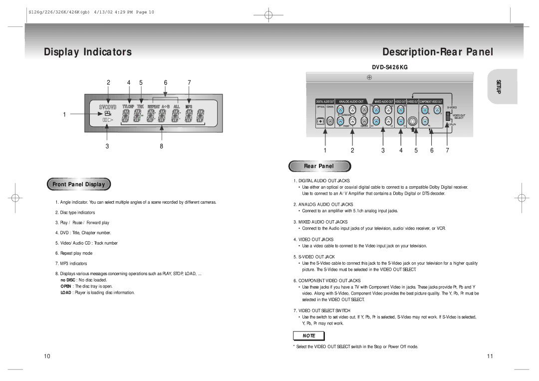 Samsung DVD-S126/SAM manual Display Indicators, Description-Rear Panel, Front Panel Display 